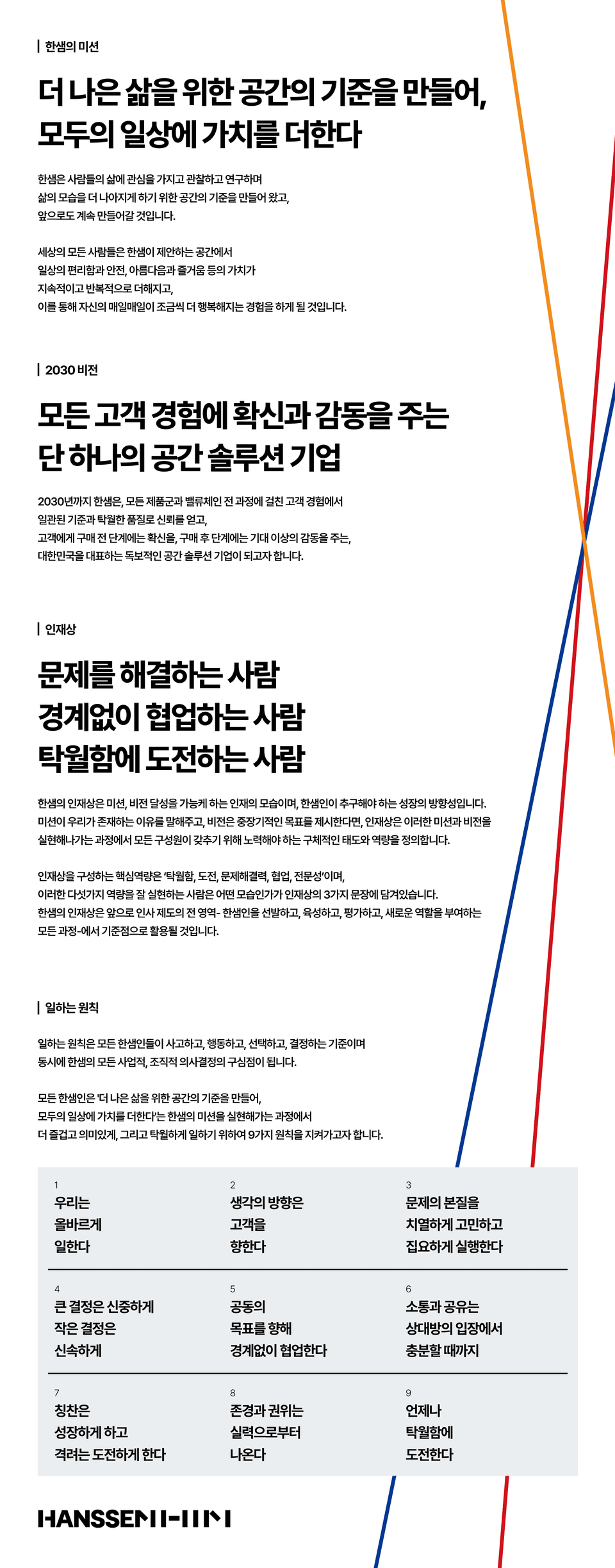 더 나은 삶을 위한 공간의 기준을 만들어, 모두의 일상에 가치를 더한다 모든 고객 경험에 확신과 감동을 주는 단 하나의 공간 솔루션 기업 문제를 해결하는 사람 경계없이 협업하는 사람 탁월함에 도전하는 사람 HANSSEM