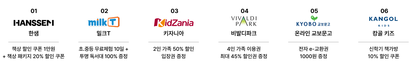 한샘 책상 할인쿠폰 1만원 
		+ 책상 패키지 20% 할인 쿠폰
		밀크T
		초·중등 무료체험 10일
		+ 투명 프리미엄 독서대 100% 증정
		키자니아
		2인 가족 50% 할인 입장권 증정
		비발디파크
		4인 가족 이용권 최대 45% 할인권 증정
		온라인 교보문고
		전자 e-교환권 1000원 증정
		캉골 키즈
		신학기 책가방 10% 할인 쿠폰