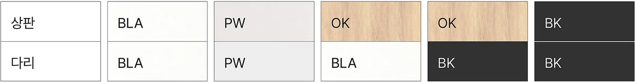 EFFI 5 에피5 - 라미네이트 / 프레임 도장 색상표 — 상판(BLA·PW·OK·OK·BK) / 다리(BLA·PW·BLA·BK·BK)