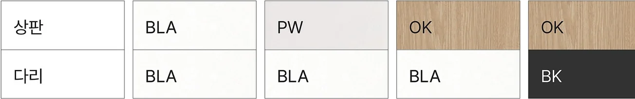 QX 큐엑스 - 라미네이트 / 프레임 도장 색상 스와치 (상판: BLA·PW·OK·OK / 다리: BLA·BLA·BLA·BK)