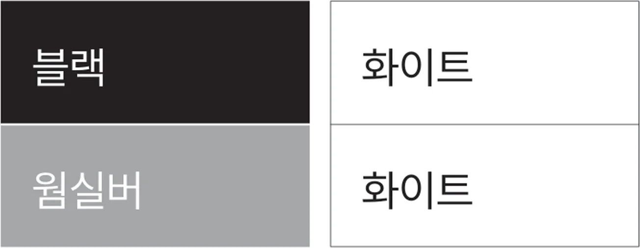 MUC-LAY 레이 - 사출 / 프레임 도장 색상 스와치 (블랙, 화이트, 웜실버, 화이트)